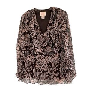 Vision Apparel Silk Beaded Blouse Black White Paisley Print Ruffle V-Neck 2X